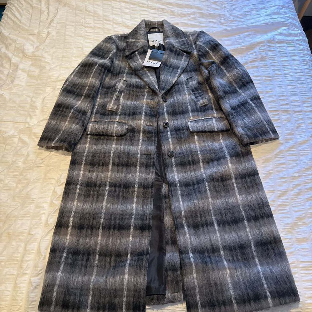 NVLT Plaid Oversized Faux Mohair Longline Coat, Gray/White, Size XL